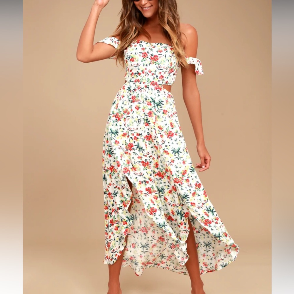 Lulus Easy on the Eyes Cream Floral Print Off-the-Shoulder Maxi Dress